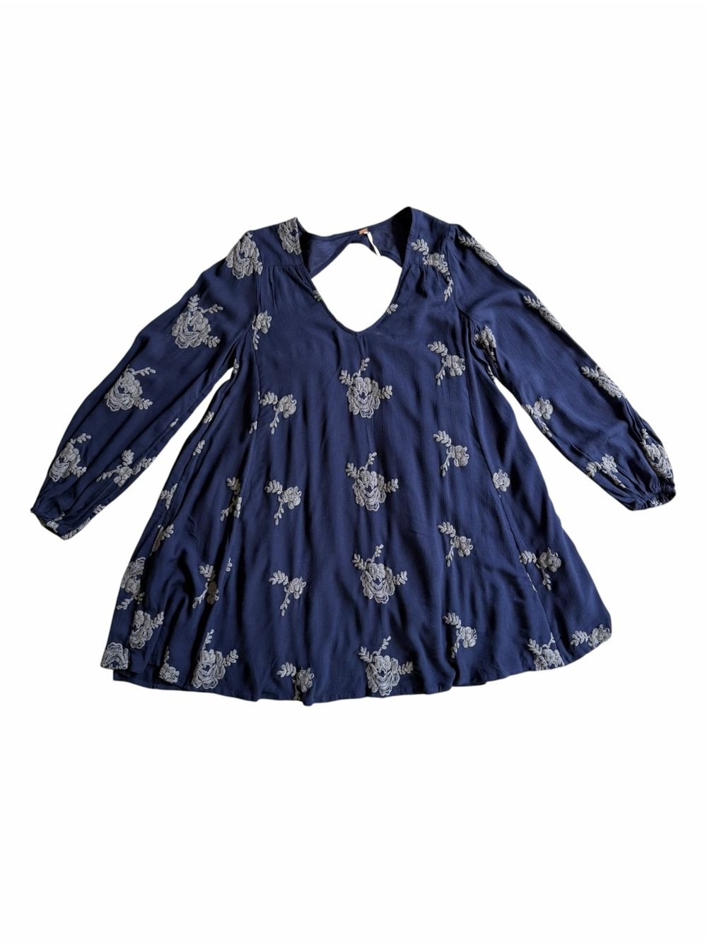 Free People Austin Navy Blue Floral Embroidered Long Sleeve Mini Dress